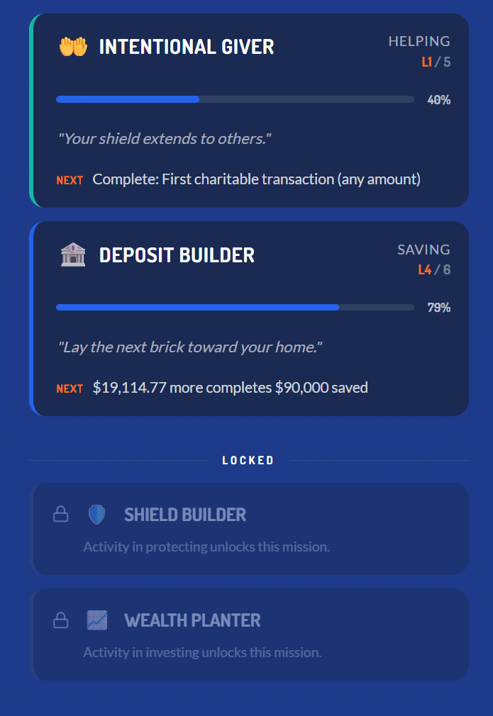Odyssey player journey — active missions with progress bars and locked missions
