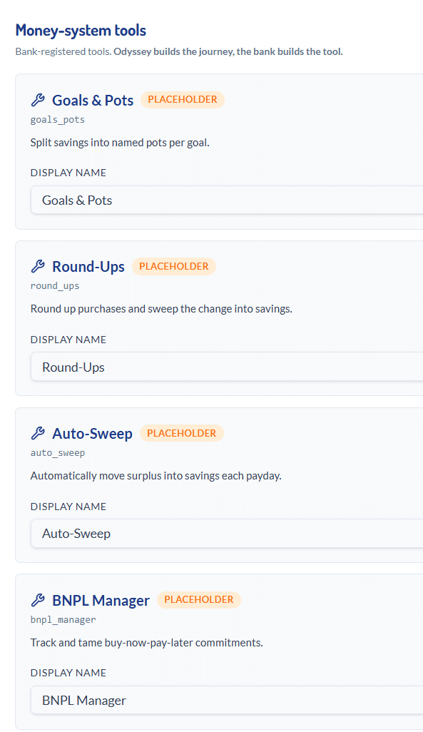 Odyssey Money-system tools — Goals & Pots, Round-Ups, Auto-Sweep, BNPL Manager